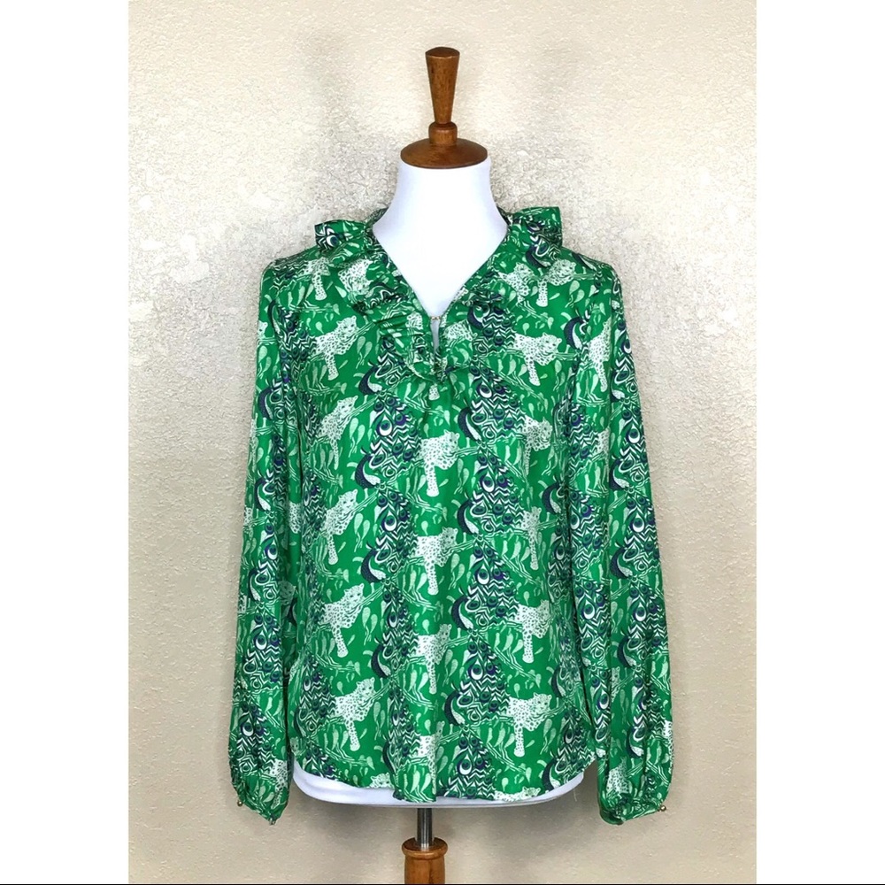 Elizabeth McKay Silk Jungle Print Ruffle Neck Top Size 4